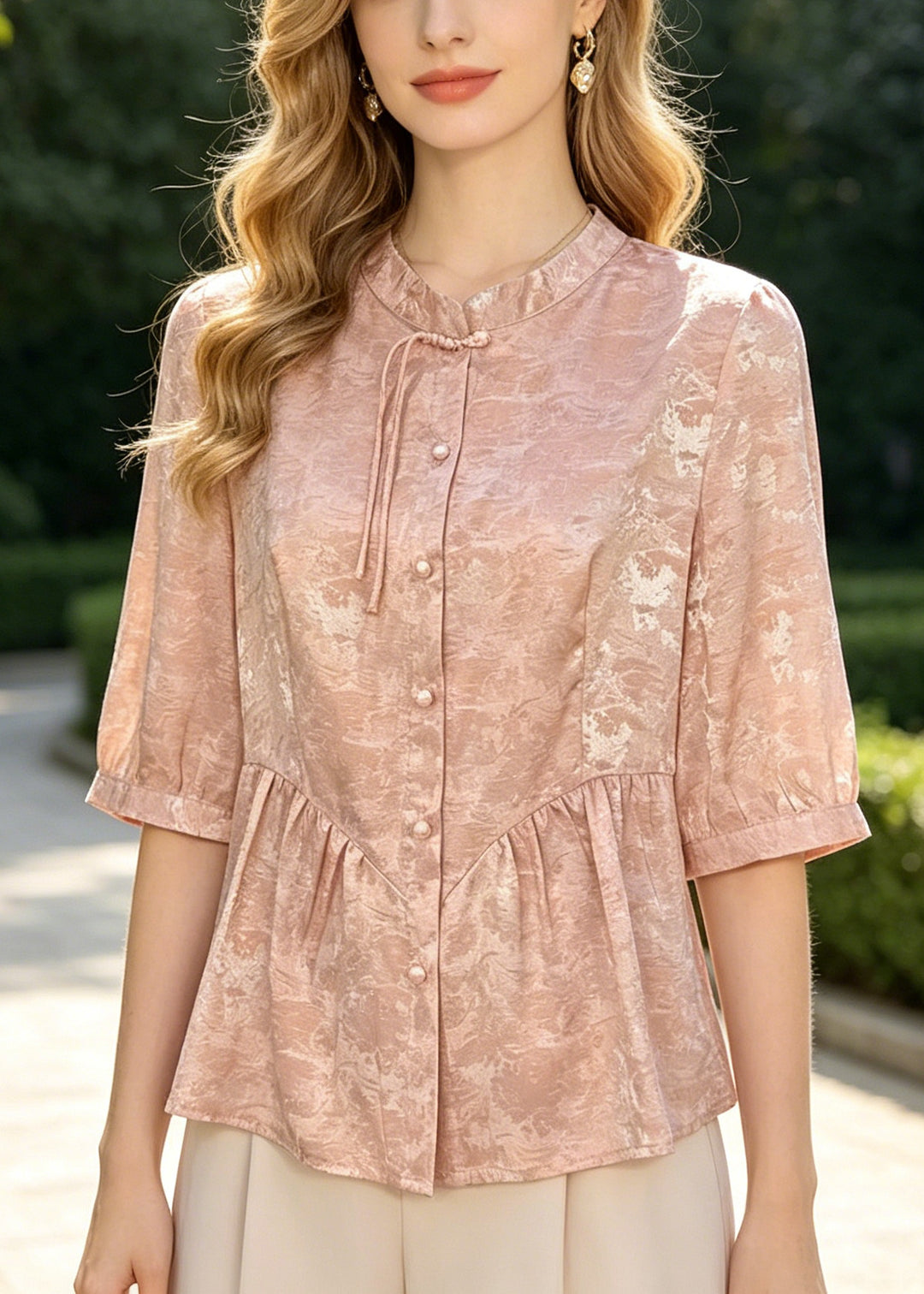Fine Pink Mandarin Collar Jacquard Silk Top Summer