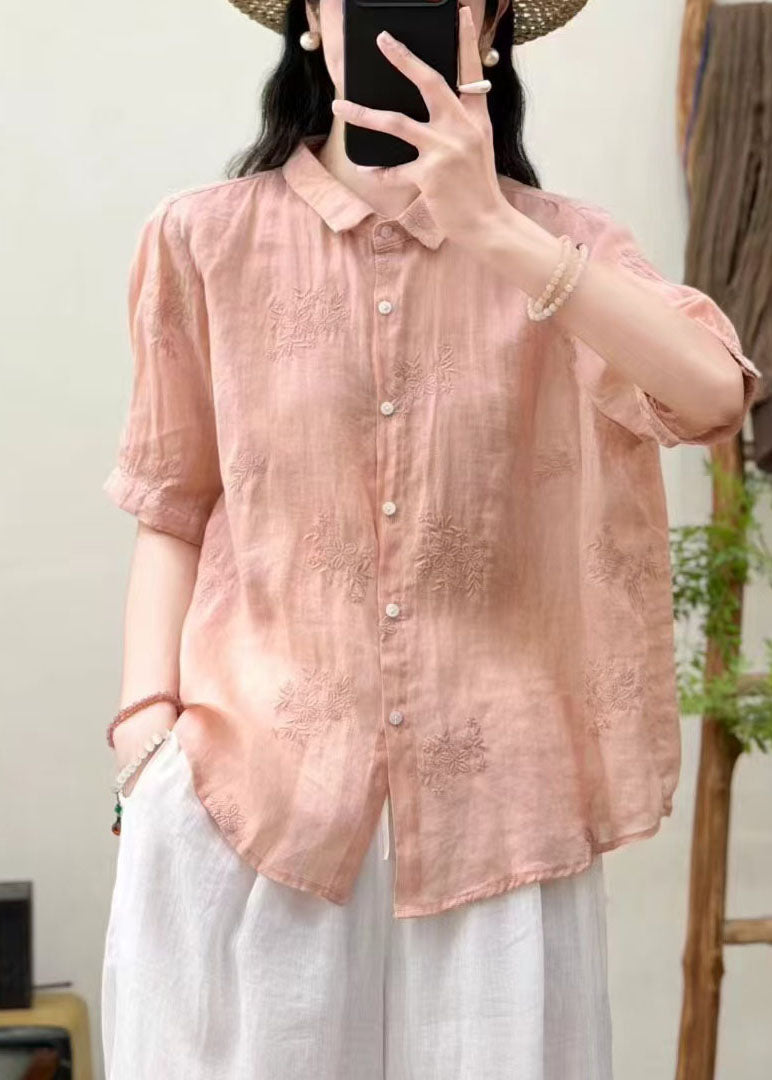 Fine Pink Oversized Embroidered Linen Tops Summer