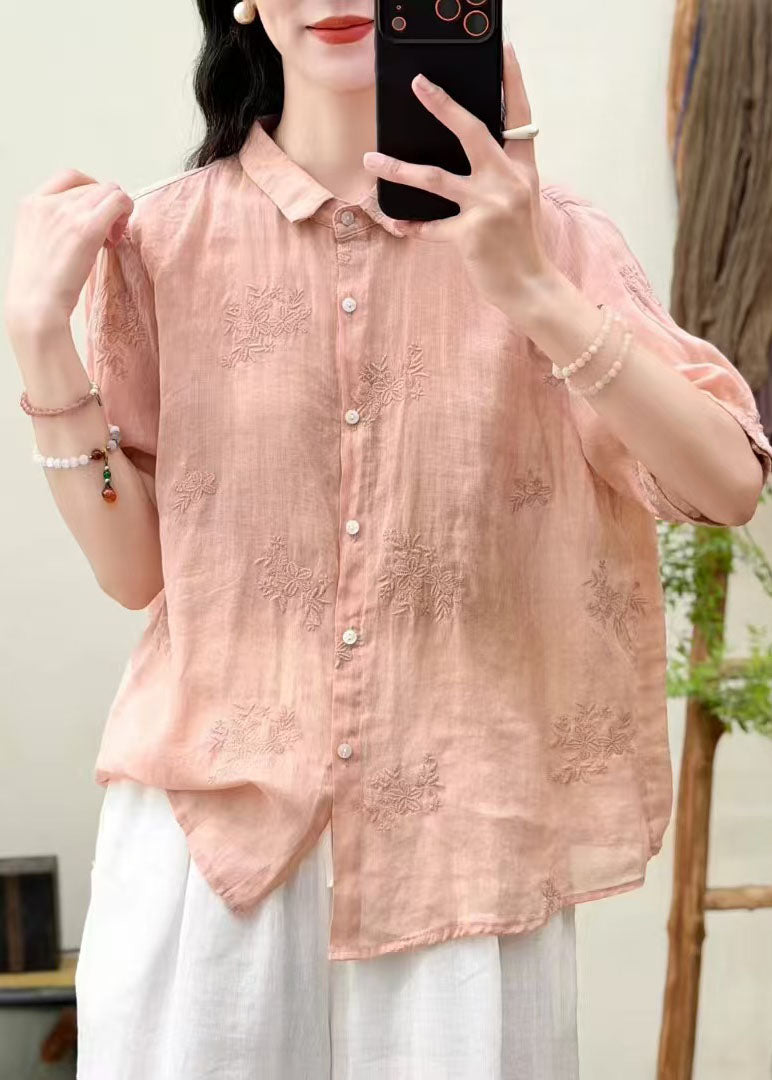 Fine Pink Oversized Embroidered Linen Tops Summer