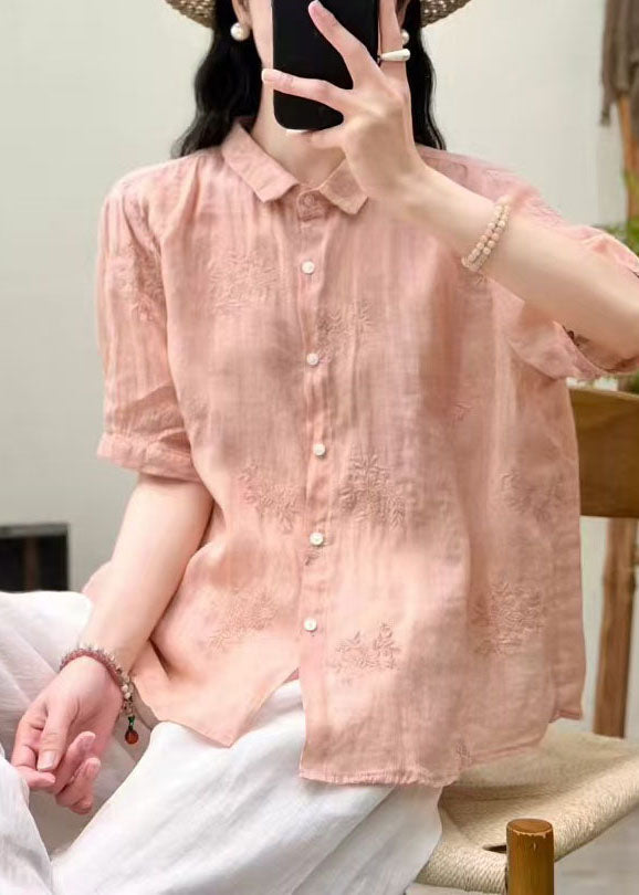 Fine Pink Oversized Embroidered Linen Tops Summer