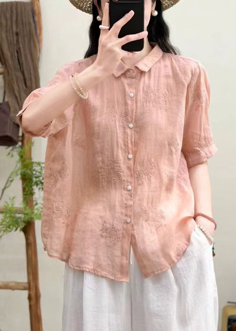 Fine Pink Oversized Embroidered Linen Tops Summer