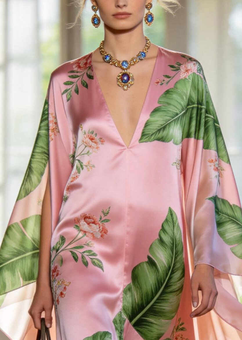 Fine Pink Oversized Print Exra Large Hem Silk Holiday Dress Summer
