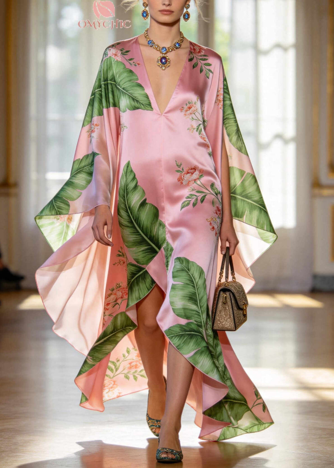 Fine Pink Oversized Print Exra Large Hem Silk Holiday Dress Summer