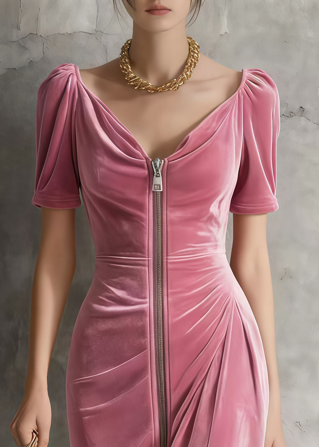 Fine Pink Puff Sleeve Zippered Silk Velvet Tea Dresses