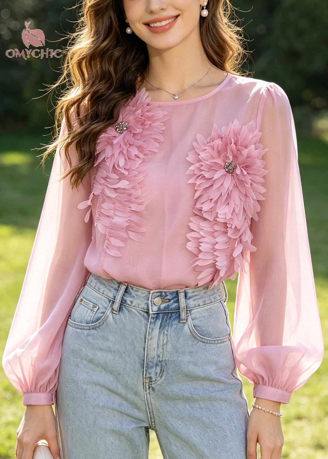 Fine Pink Scallop Trim Cotton UPF 50+ Blouses Summer