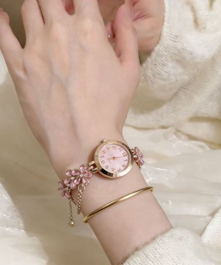 Fine Pink Stainless Steel Zircon Floral Retractable Watches