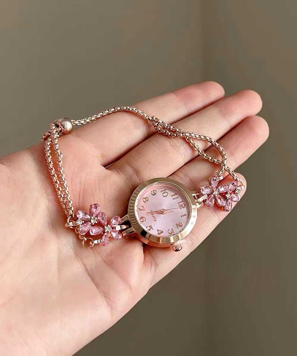 Fine Pink Stainless Steel Zircon Floral Retractable Watches