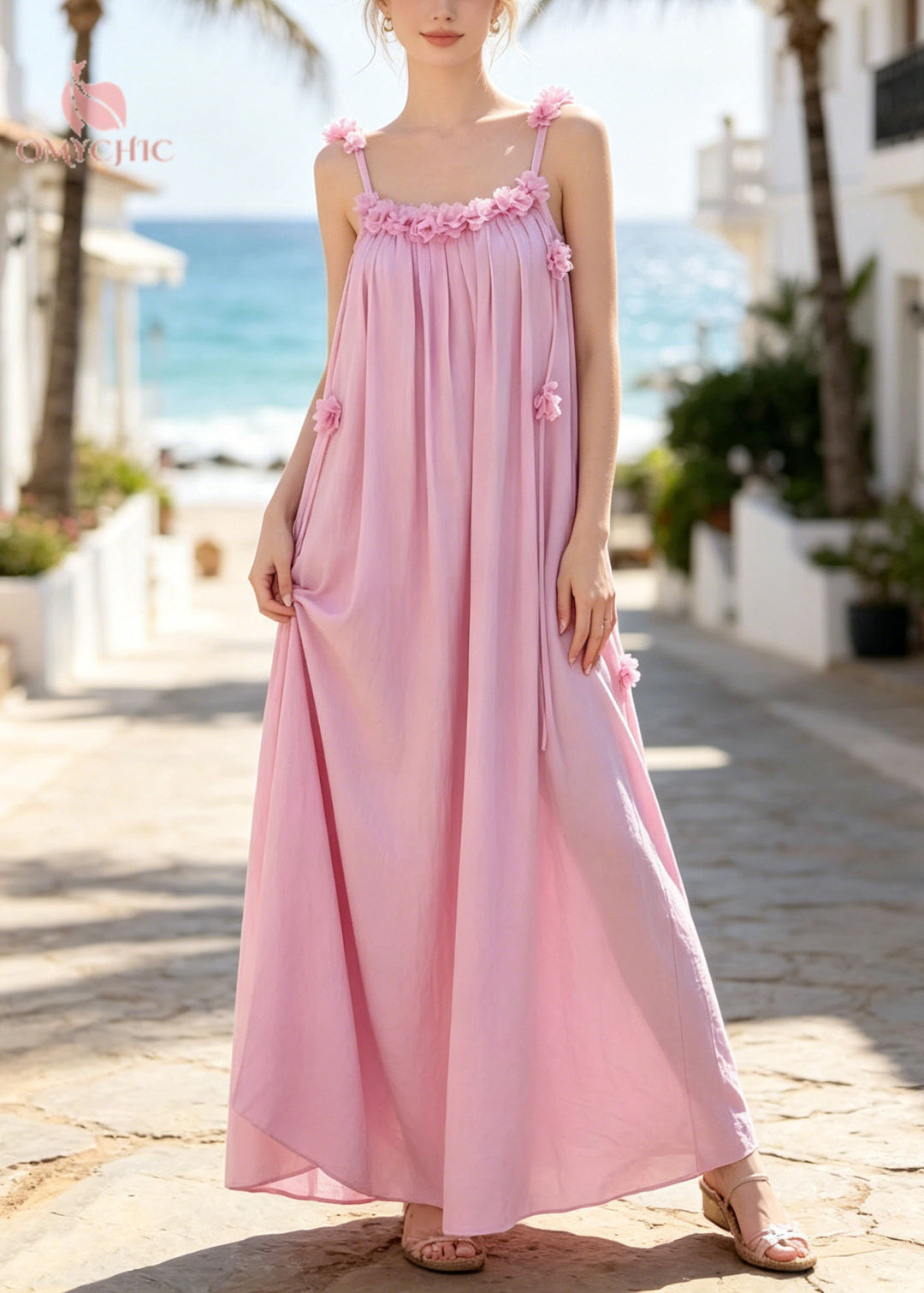 Fine Pink Tasseled Floral Cotton Ankle Dress Summer