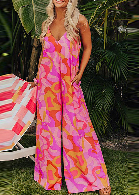 Fine Pink V Neck Print Pockets Jumpsuits Summer