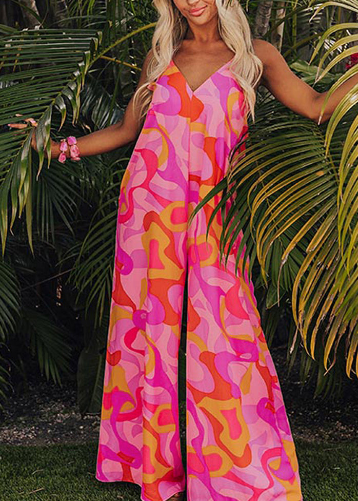 Fine Pink V Neck Print Pockets Jumpsuits Summer