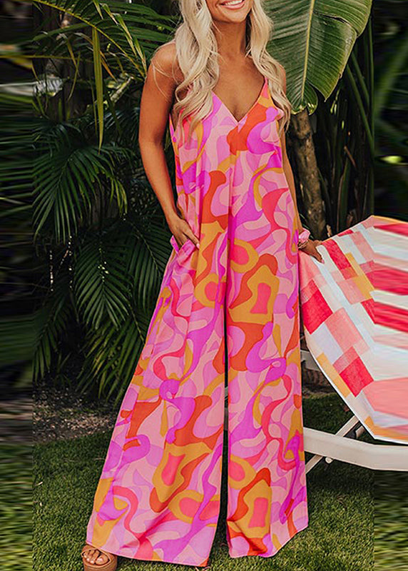 Fine Pink V Neck Print Pockets Jumpsuits Summer