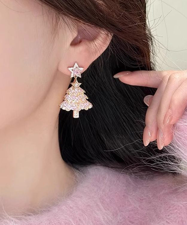 Fine Pink Zircon Christmas Tree Drop Earrings - Omychic