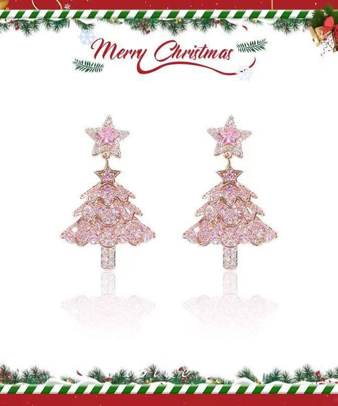 Fine Pink Zircon Christmas Tree Drop Earrings - Omychic