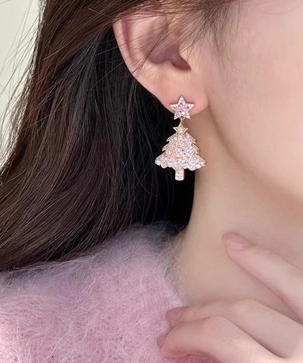 Fine Pink Zircon Christmas Tree Drop Earrings - Omychic