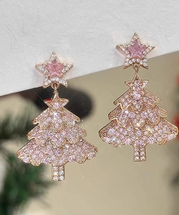 Fine Pink Zircon Christmas Tree Drop Earrings - Omychic