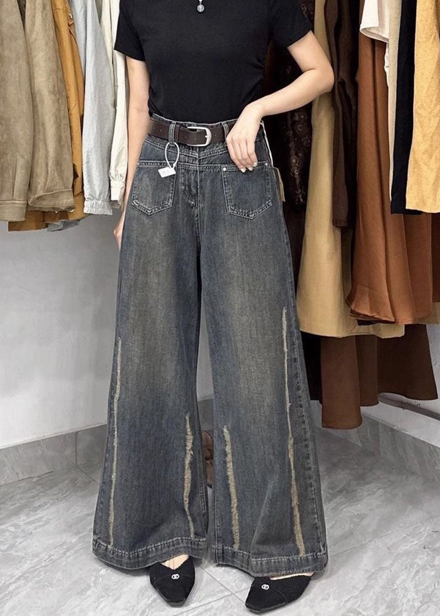 Fine Pockets Patchwork Denim Wide Leg Pants Fall