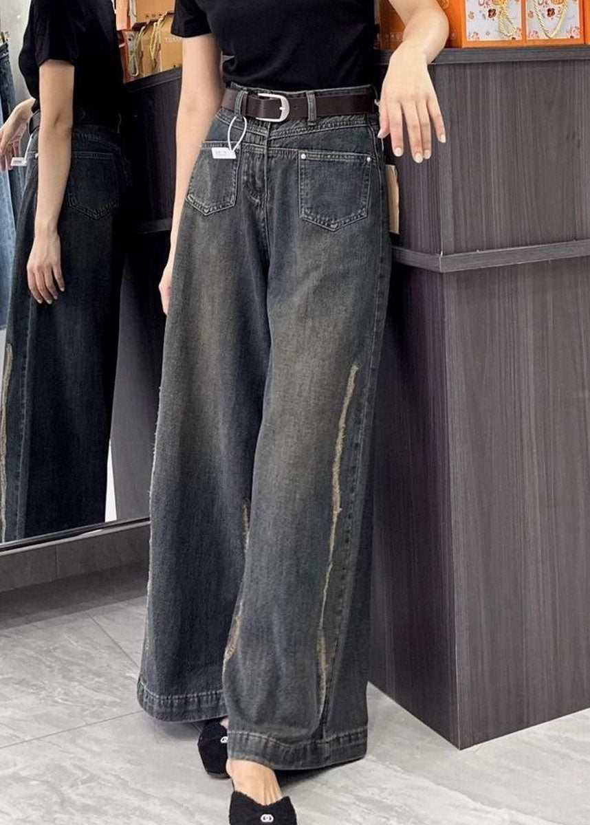 Fine Pockets Patchwork Denim Wide Leg Pants Fall