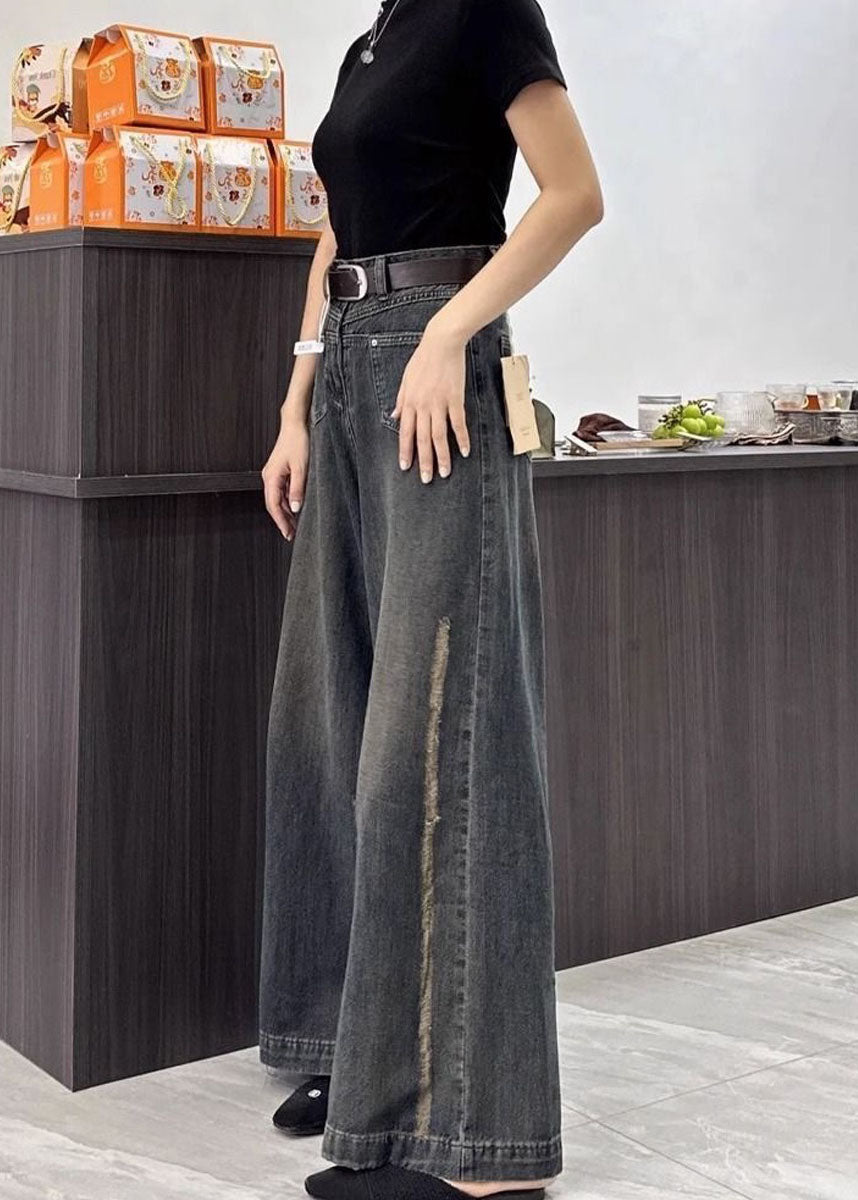 Fine Pockets Patchwork Denim Wide Leg Pants Fall
