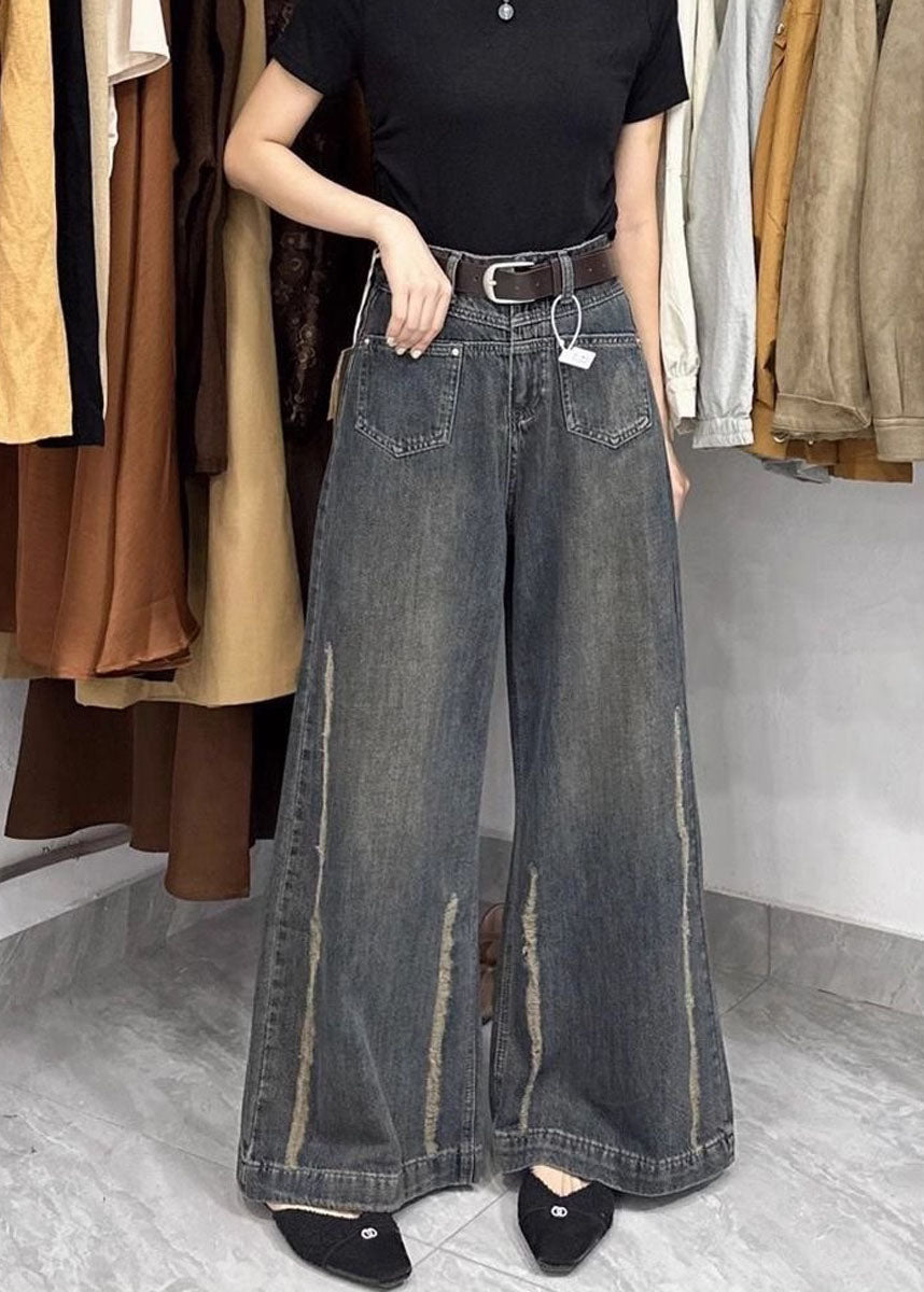 Fine Pockets Patchwork Denim Wide Leg Pants Fall