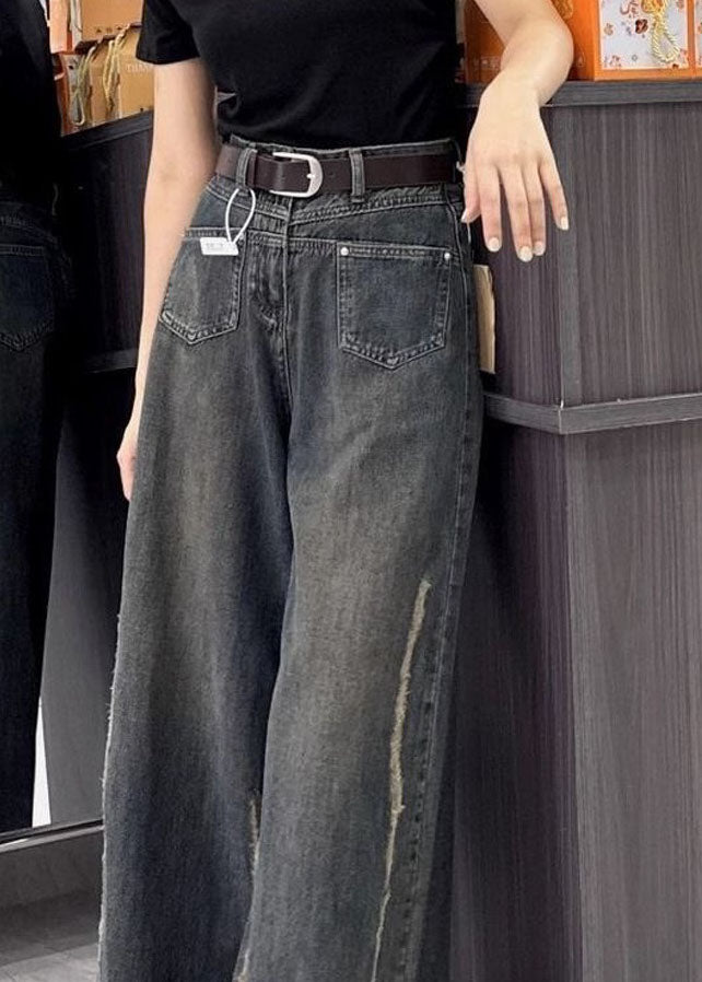 Fine Pockets Patchwork Denim Wide Leg Pants Fall
