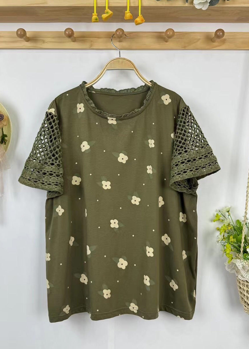 Fine Print Patchwork Hollow Out Cotton Top Summer