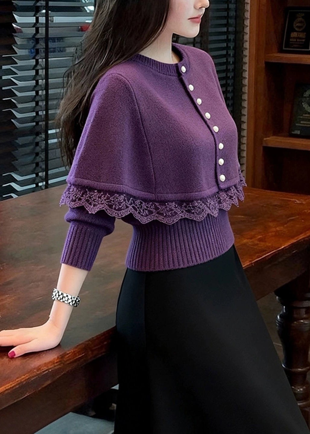 Fine Purple Button Lace Patchwork Knit Cape Sweater Winter