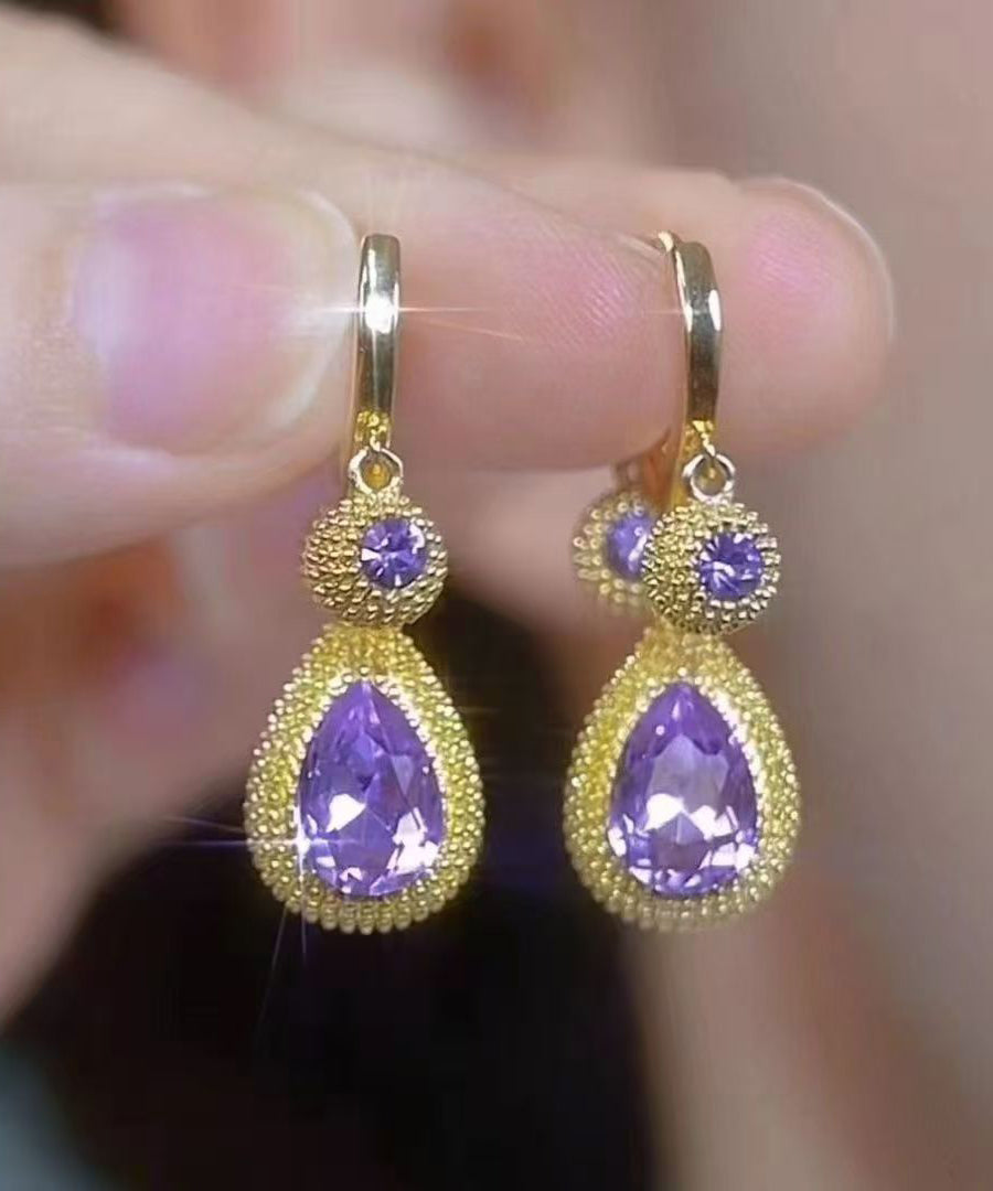 Fine Purple Copper Alloy Zircon Crystal Pomegranate Water Droplet Drop Earrings