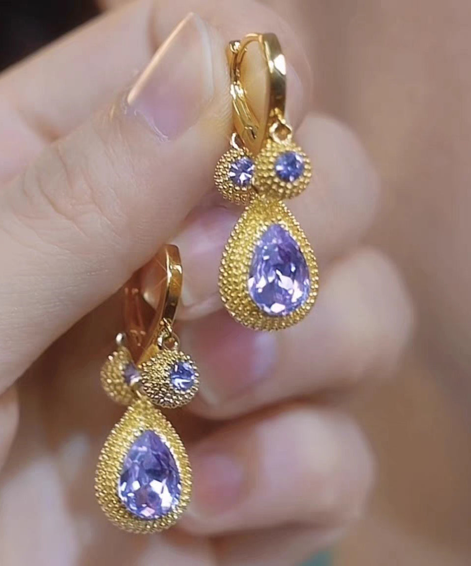 Fine Purple Copper Alloy Zircon Crystal Pomegranate Water Droplet Drop Earrings