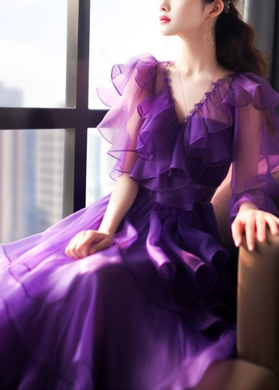 Fine Purple Patchwork Tulle Maxi Dress Short Sleeve