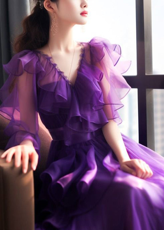 Fine Purple Patchwork Tulle Maxi Dress Short Sleeve