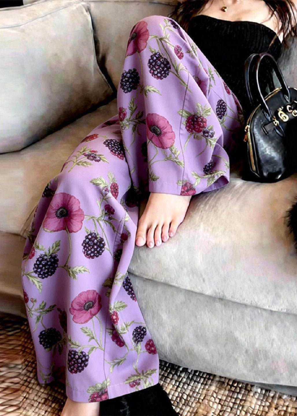 Fine Purple Print Wide Leg Pants Summer