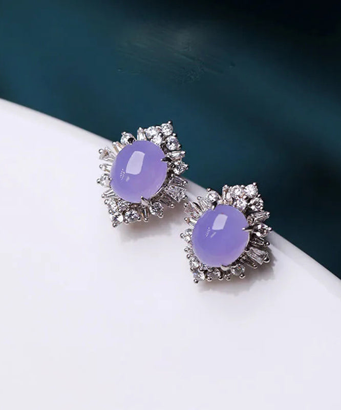 Fine Purple Sterling Silver Inlaid Zircon Jade Stud Earrings - Omychic