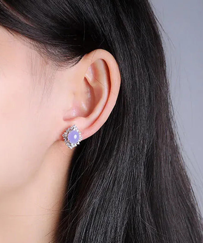 Fine Purple Sterling Silver Inlaid Zircon Jade Stud Earrings - Omychic