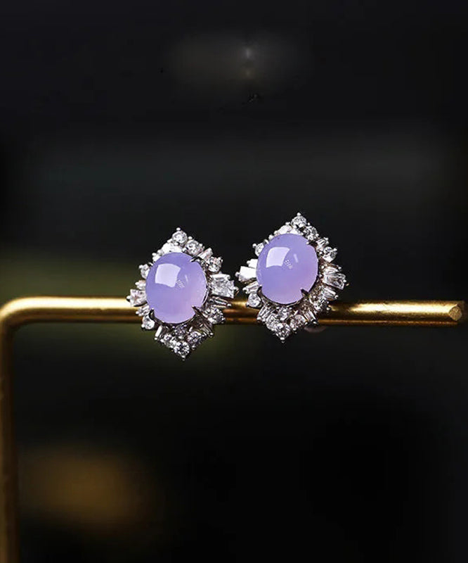 Fine Purple Sterling Silver Inlaid Zircon Jade Stud Earrings - Omychic