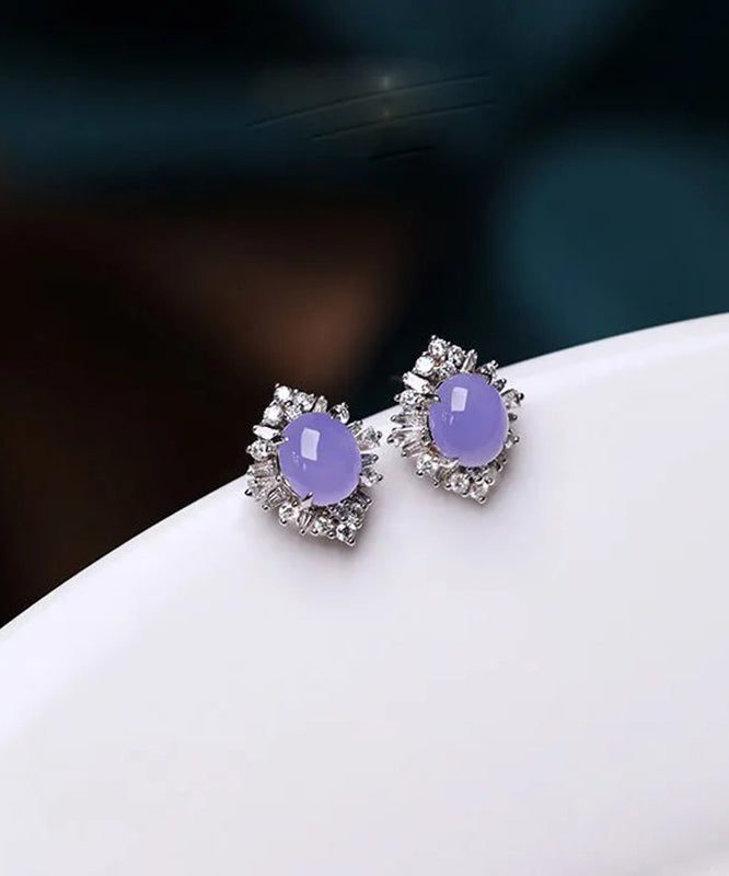 Fine Purple Sterling Silver Inlaid Zircon Jade Stud Earrings - Omychic