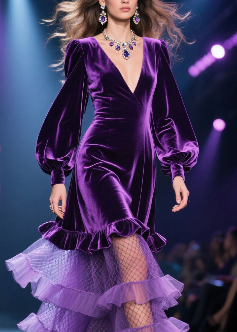 Fine Purple Tulle Ruffled Patchwork Velvet Long Dress Fall