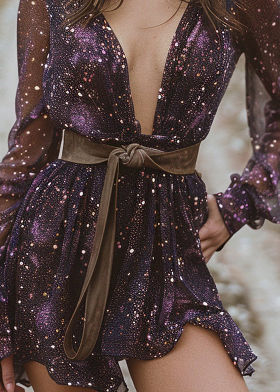 Fine Purple V Neck Asymmetrical Starry Night Cotton Dress Spring