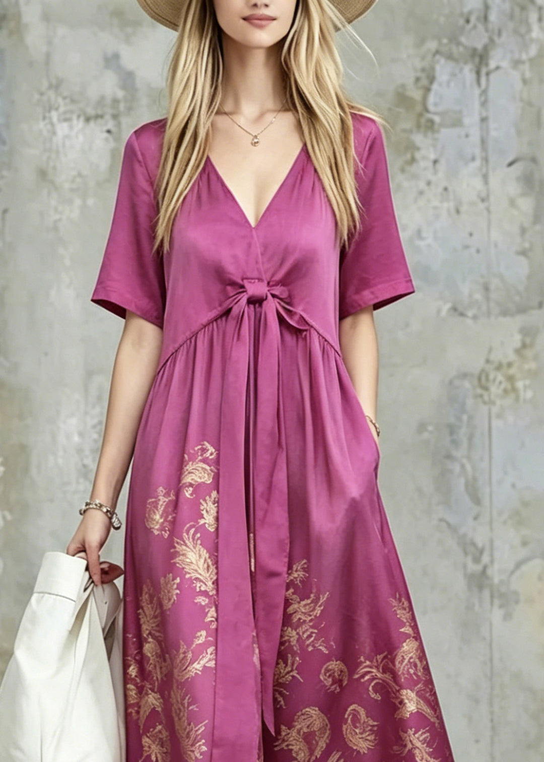 Fine Purple V Neck Print Tie Waist Long Dress Summer