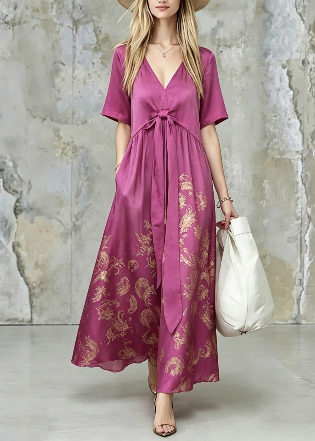 Fine Purple V Neck Print Tie Waist Long Dress Summer