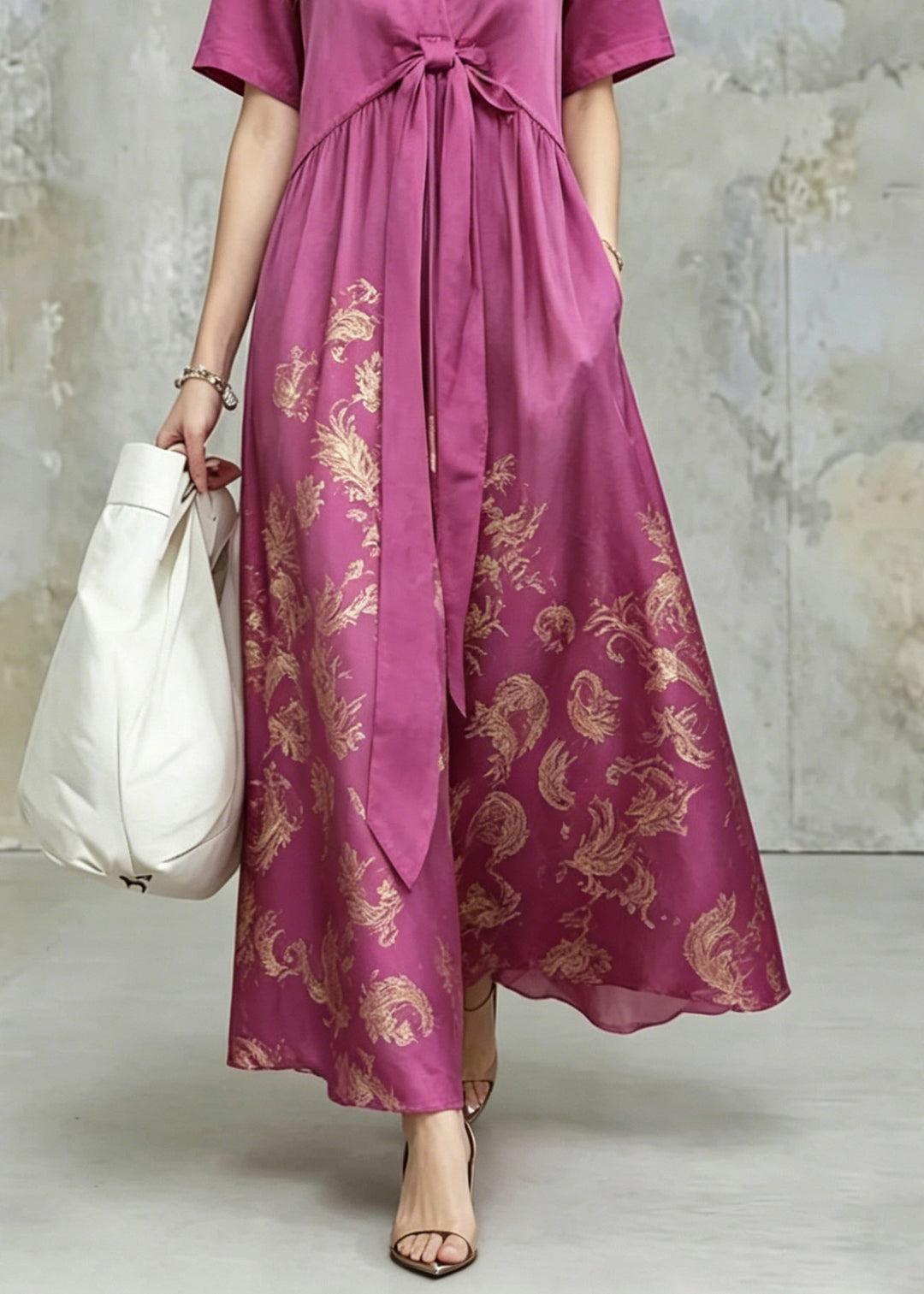 Fine Purple V Neck Print Tie Waist Long Dress Summer