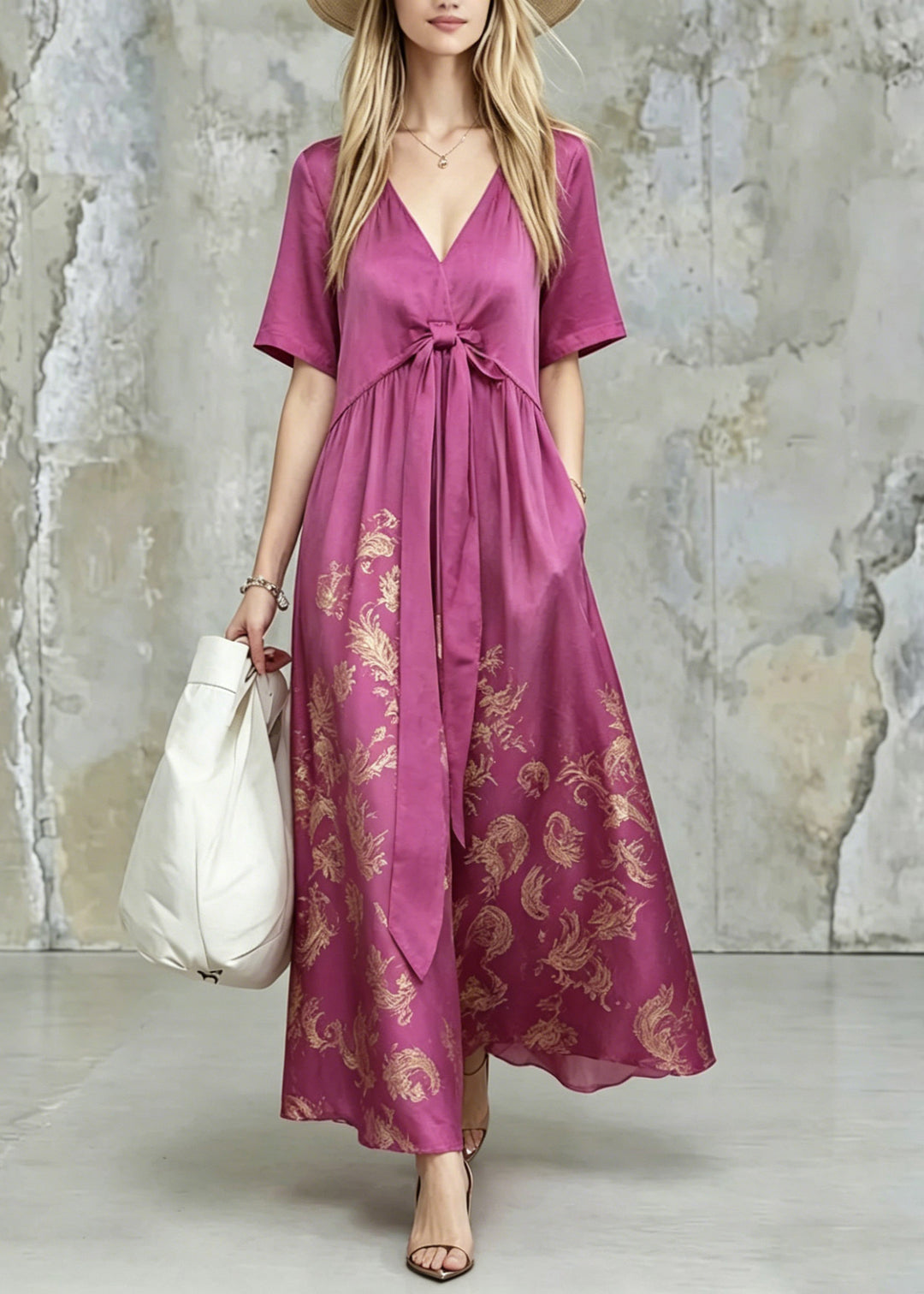Fine Purple V Neck Print Tie Waist Long Dress Summer