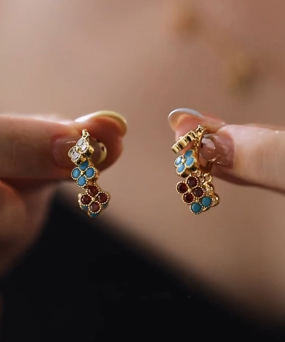 Fine Rainbow Copper Overgild Four-Leaf Clover Drop Earrings