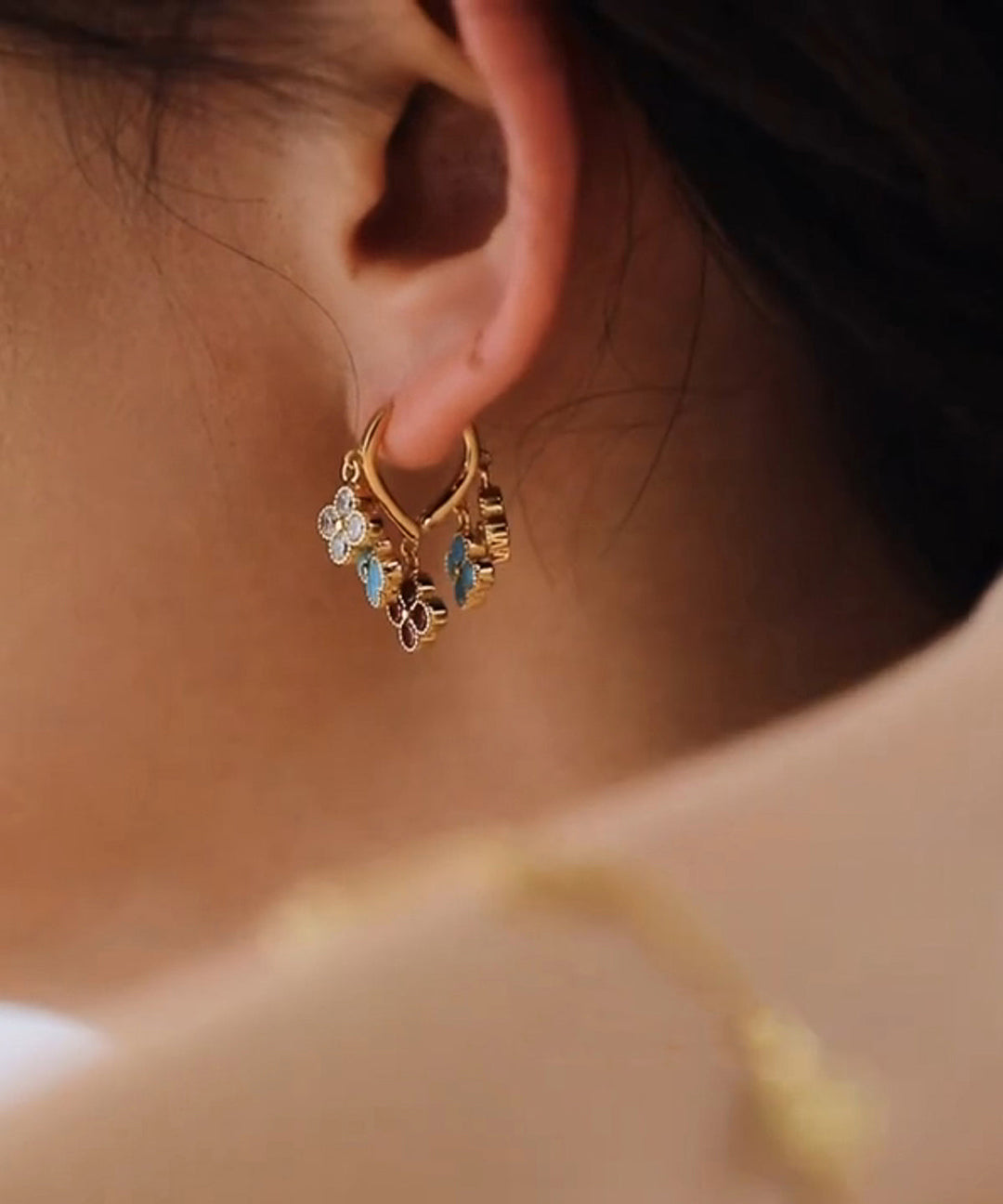 Fine Rainbow Copper Overgild Four-Leaf Clover Drop Earrings