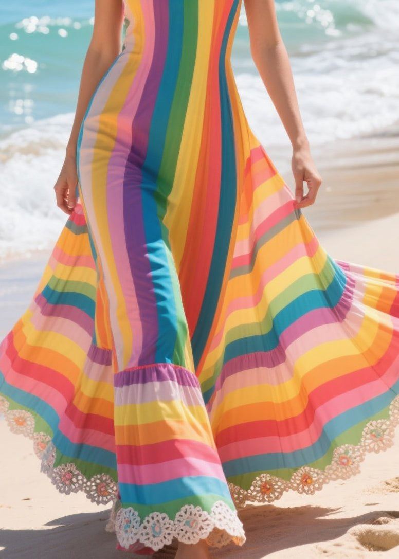 Fine Rainbow Oversized Striped Chiffon Spaghetti Strap Dress Summer
