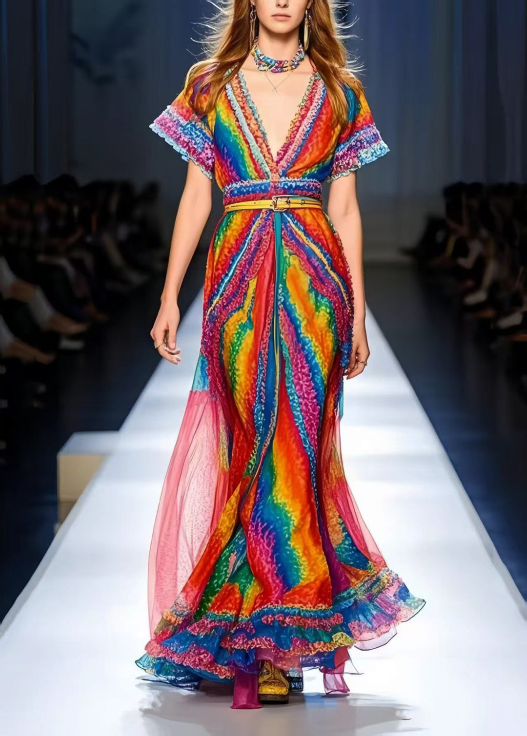 Fine Rainbow Ruffled Chiffon Holiday Dress Summer
