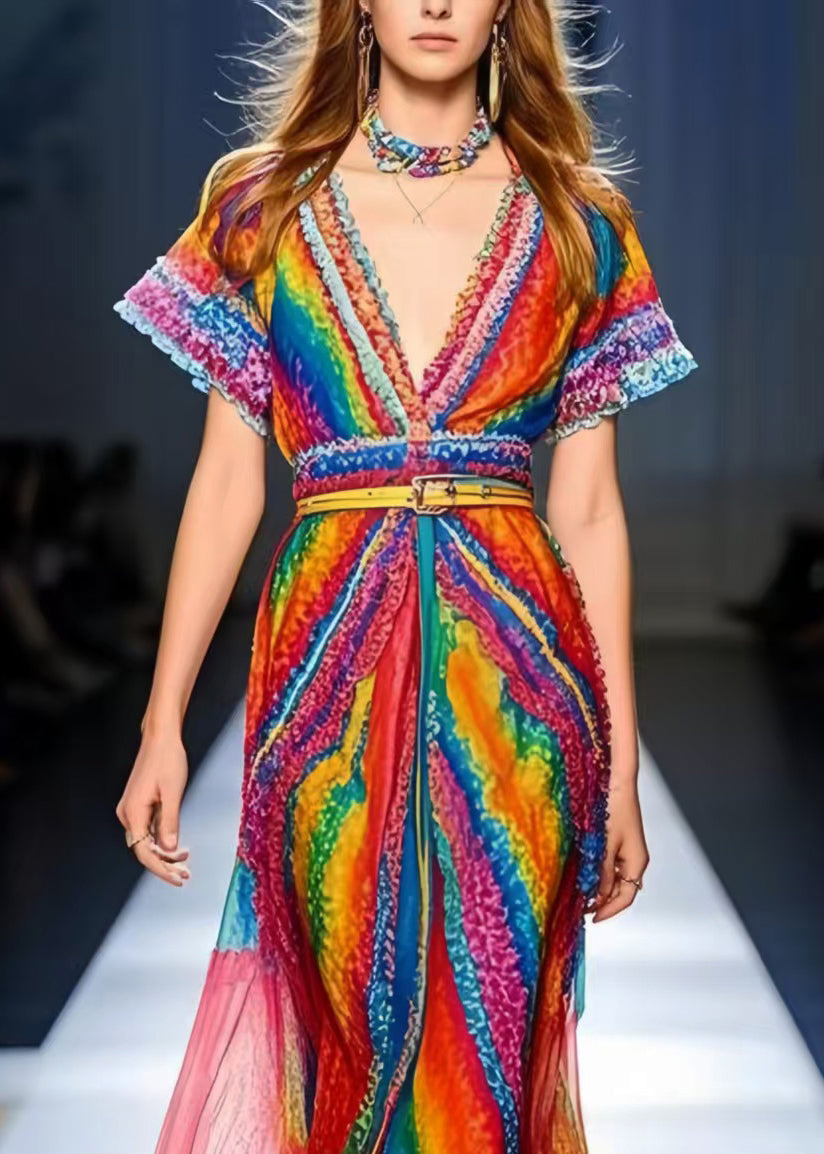 Fine Rainbow Ruffled Chiffon Holiday Dress Summer
