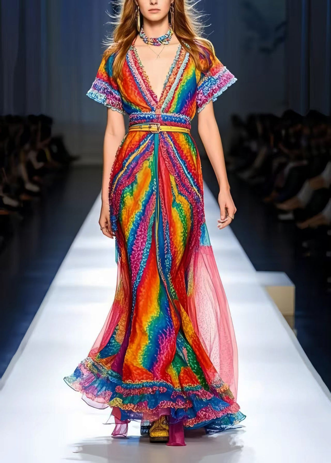 Fine Rainbow Ruffled Chiffon Holiday Dress Summer