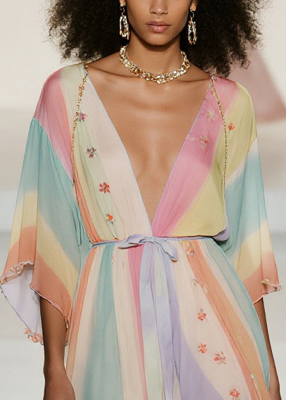 Fine Rainbow Tie Waist Print Chiffon Holiday Dress Summer