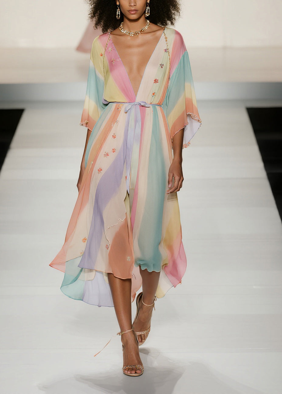 Fine Rainbow Tie Waist Print Chiffon Holiday Dress Summer