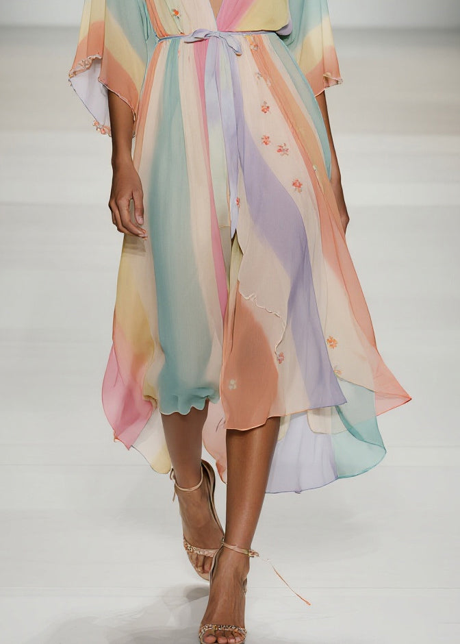 Fine Rainbow Tie Waist Print Chiffon Holiday Dress Summer